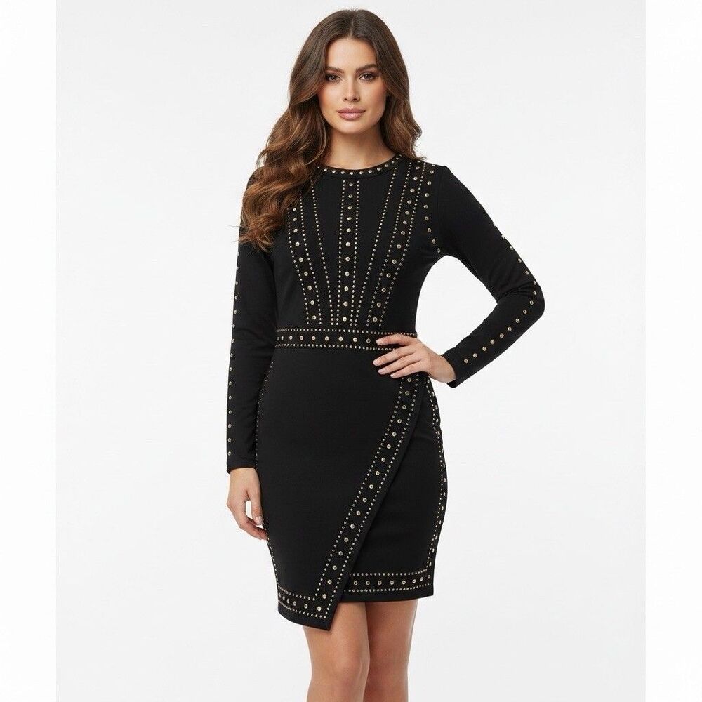 VENUS Black Gold Studded Long Sleeve Sheath Bodycon Midi  Dress  Small